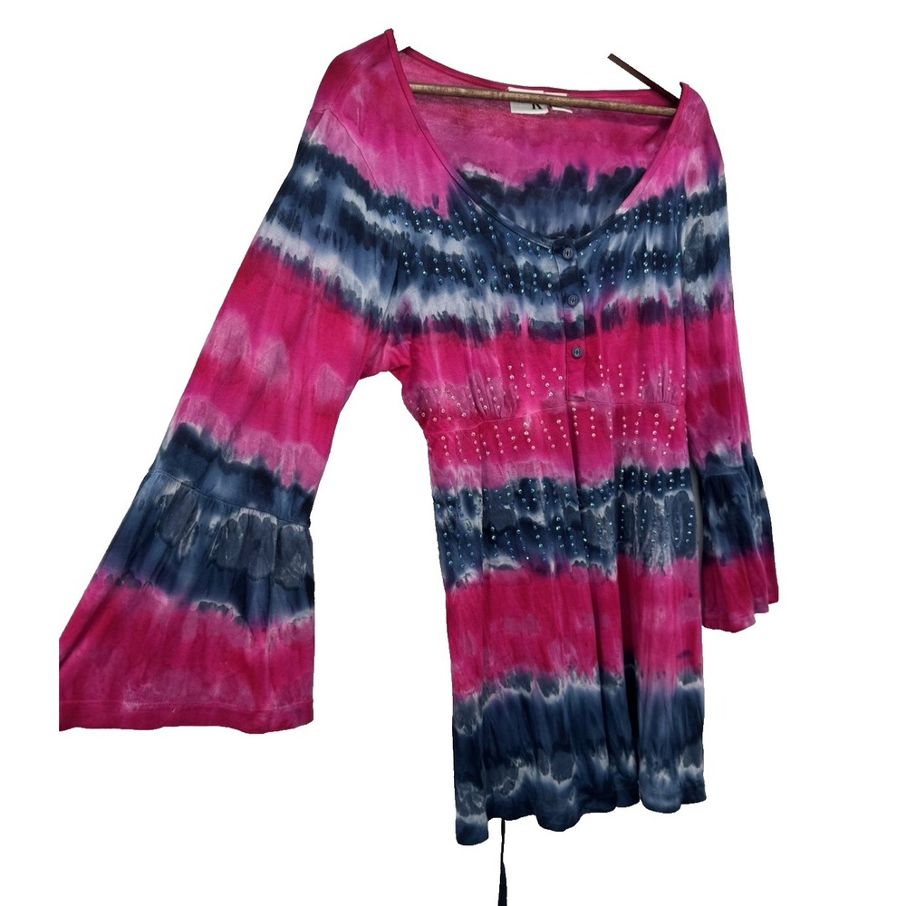 Shana K Artsy Square Neck‎ Tunic y2k Boho Festival Bell Sleeve sequin tie dye L